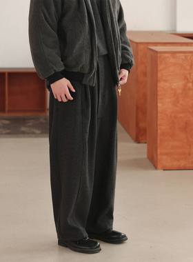NOEARS冬季深灰色毛呢加厚老钱风垂感长裤子日系宽松阔腿休闲裤