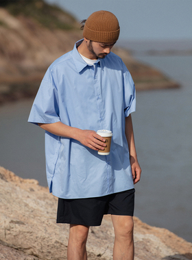 NOEARS复古蓝色衬衫男短袖夏季抗皱宽松半袖休闲衬衣通勤潮ins