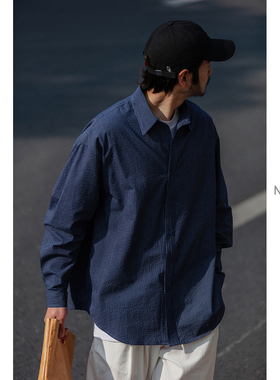 NOEARS藏青色细条纹翻领纯棉肌理水洗长袖衬衫男日系复古春夏薄款