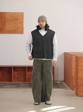 NOEARS春季绿色格子复古v领英伦风套头马甲叠穿宽松磨毛内搭背心