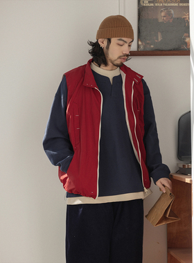 NOEARS美式复古可拆卸袖红色立领马甲春季cityboy设计感夹克外套