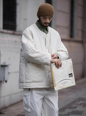 NOEARS日系无领vintage户外尼龙绗棉米白色外套绗棉加厚内胆棉服