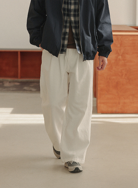 NOEARS春秋少年感白色松紧腰宽松直筒牛仔裤日系复古斜纹垂感长裤
