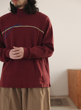 NOEARS冬季复古风半高领设计针织螺纹打底衫红色宽松长袖撞色T