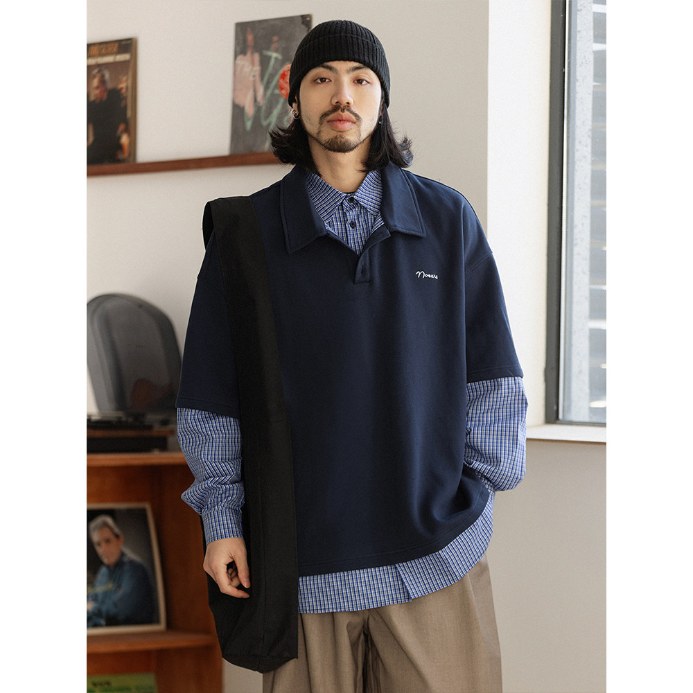 NOEARS春季藏青色假两件格子拼接重磅T恤日系复古叠穿刺绣Polo衫,男装,T恤,淘宝优惠券,粉丝福利购,淘宝优惠卷
