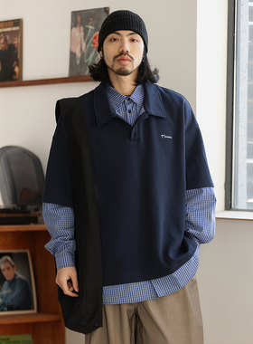 NOEARS春季藏青色假两件格子拼接重磅T恤日系复古叠穿刺绣Polo衫