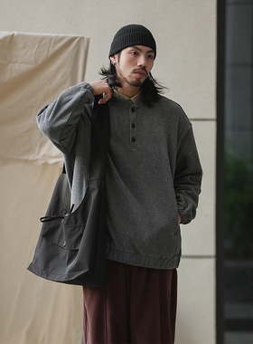 NOEARS日系复古浅灰色摇粒绒小立领卫衣秋冬宽松半门襟落肩长袖