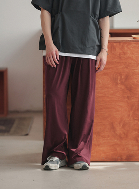 NOEARS日系复古豆沙红色轻薄针织垂感宽松松紧腰长裤夏季家居裤