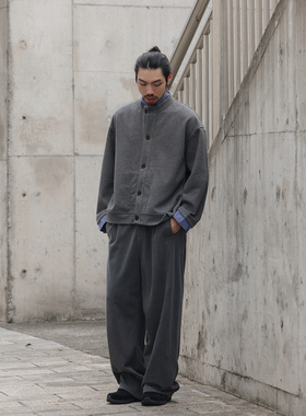 NOEARS日系复古灰色假两件华夫格宽松休闲外套春秋设计感拼接夹克