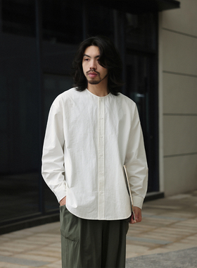 NOEARS春秋复古白色长袖无领衬衫日系基础款叠穿cityboy无领衬衣
