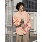 NOEARS日系复古立领贴袋宽松衬衫 全棉廓形通勤衬衣 男橘色格子长袖