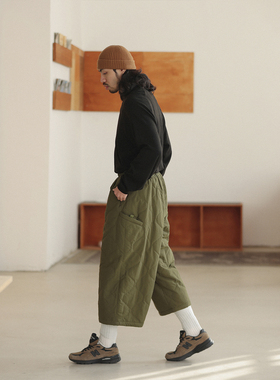 NOEARS复古军绿色葫芦格加绒八分夹棉裤日系松紧腰加厚阔腿工装裤