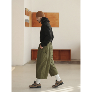 裤 NOEARS复古军绿色葫芦格加绒八分夹棉裤 日系松紧腰加厚阔腿工装