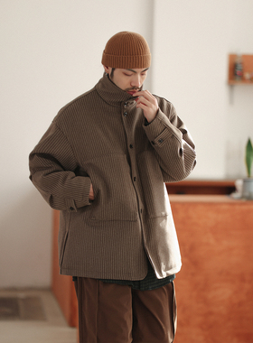 NOEARS复古立领浅咖条纹翻领宽松毛呢加棉外套雅痞老钱落肩袖夹克