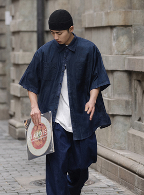 NOEARS日系cityboy复古深蓝色薄款牛仔翻领衬衫短袖夏季工装衬衣