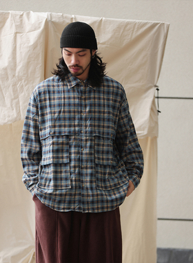 NOEARS秋冬蓝色格子多口袋磨毛衬衫日系复古拼接工装翻领宽松衬衣