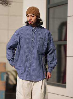 NOEARS春季蓝色刺绣格子宽松长袖衬衫cityboy通勤复古衬衣外套