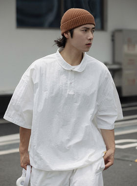 NOEARS日系复古白色娃娃领短袖衬衫夏季薄款宽松落肩袖速干衬衣