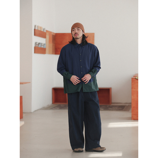 NOEARS日系复古少年感撞色拼接长袖 春秋藏青色宽松落肩衬衣 衬衫