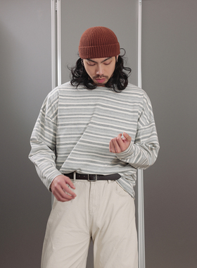 NOEARS日系设计感圆领宽松灰色条纹长袖衬衫春季叠穿套头T恤上衣