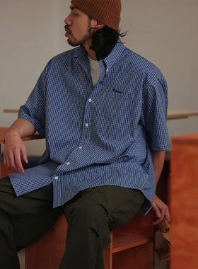 NOEARS日系复古蓝色刺绣格子宽松短袖衬衫春夏休闲少年感通勤衬衣