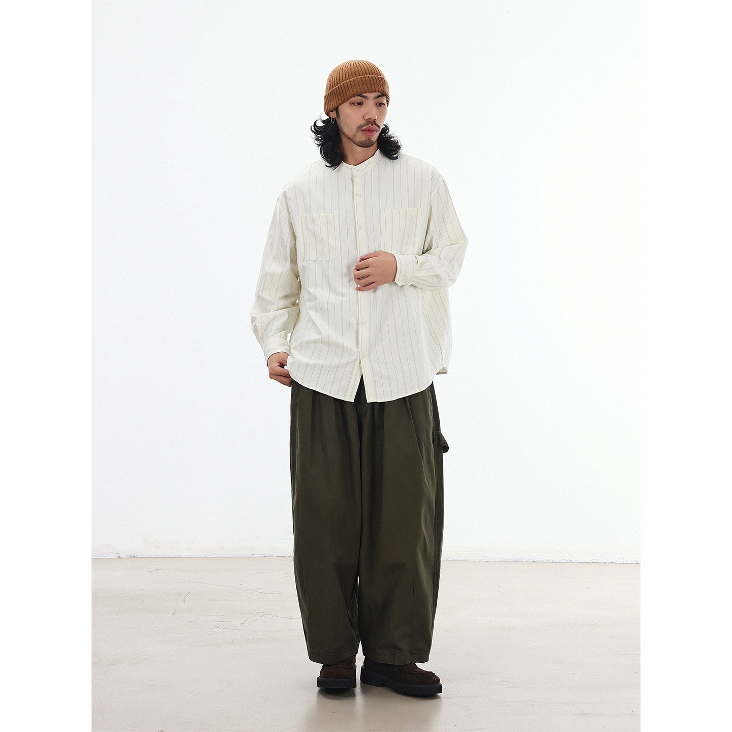 NOEARS日系cityboy杏色条纹宽松立领长袖衬衫秋季复古风通勤衬衣