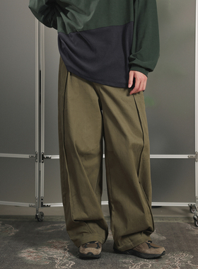 NOEARS日系复古绿色宽松阔腿长裤春季男女松紧腰工装通勤休闲裤潮