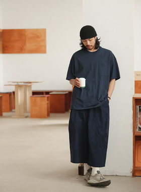 NOEARS日系复古藏青色圆领套头宽松落肩口袋刺绣短袖夏季简约T恤