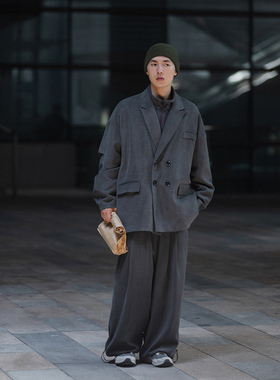 NOEARS灰色工装休闲痞帅西装男高级垂感外套秋冬宽松cityboy西服