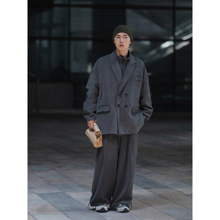 NOEARS灰色工装 男高级垂感外套秋冬宽松cityboy西服 休闲痞帅西装