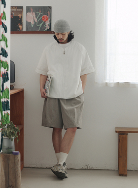 NOEARS春夏情侣款白色宽松拉链圆领短袖衬衣日系复古痞帅通勤衬衫