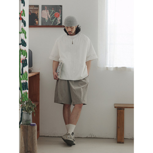 NOEARS春夏情侣款白色宽松拉链圆领短袖衬衣日系复古痞帅通勤衬衫