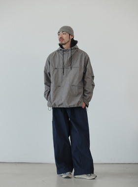 NOEARS日系复古设计感灰色连帽长袖卫衣春秋半门襟套头休闲外套