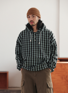 NOEARS春秋设计感绿色格子宽松连帽卫衣日系休闲格纹长袖叠穿上衣