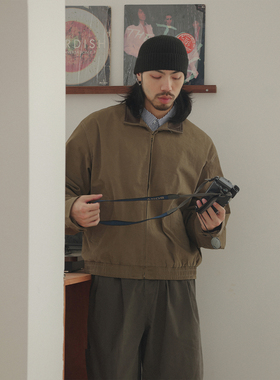 NOEARS日系cityboy深卡其色拼接pu撞色领夹克春秋复古宽松外套