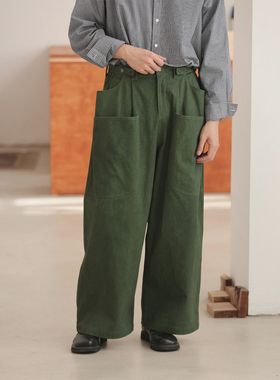 NOEARS春秋复古设计感绿色大口袋可调节腰部休闲裤日系多口袋长裤