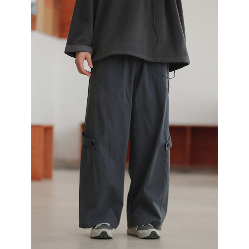 NOEARS日系宽松直筒藏青色松紧腰工装裤复古抽绳日系痞帅休闲裤