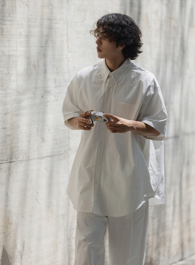 NOEARS日系复古少年感休闲白色短袖衬衫cityboy日常贴袋叠穿上衣