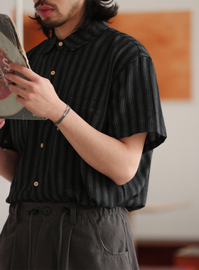 NOEARS春夏黑色条纹宽松复古短袖衬衫日系落肩袖简约通勤衬衣