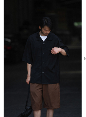 NOEARS黑色痞帅休闲宽松古巴领垂感短袖衬衫男夏日系复古半袖衬衣