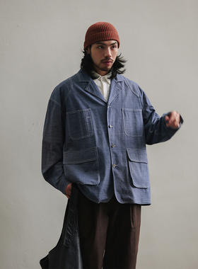 NOEARS日系复古明线长袖多口袋蓝色水洗棉西服春秋宽松通勤外套男