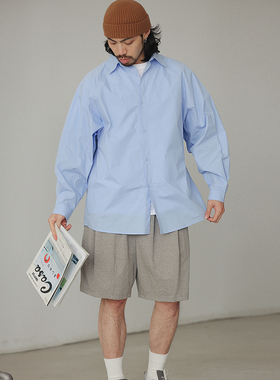 NOEARS春夏情侣款蓝色长袖宽松方领衬衫日系复古插肩袖休闲衬衣