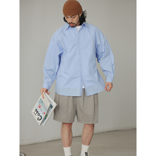 日系复古插肩袖 宽松方领衬衫 休闲衬衣 蓝色长袖 NOEARS春夏情侣款