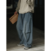 NOEARS春秋设计感蓝色直筒松紧腰牛仔裤 日系宽松束脚cityboy长裤