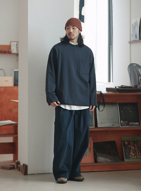 NOEARS日系复古藏青色少年感纯色毛边长袖T恤春秋叠穿落肩上衣