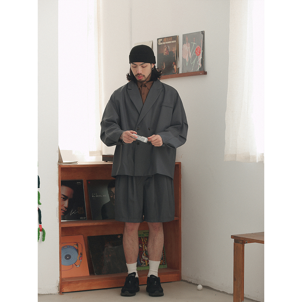 NOEARS灰色休闲双排扣西装男外套高级感痞帅宽松春季抗皱日系潮酷