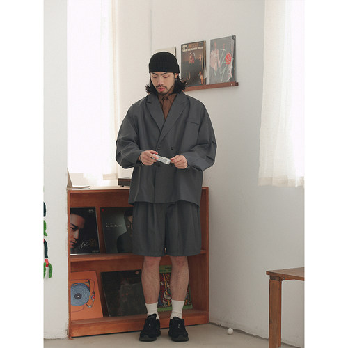 NOEARS灰色休闲双排扣西装男外套高级感痞帅宽松春季抗皱日系潮酷