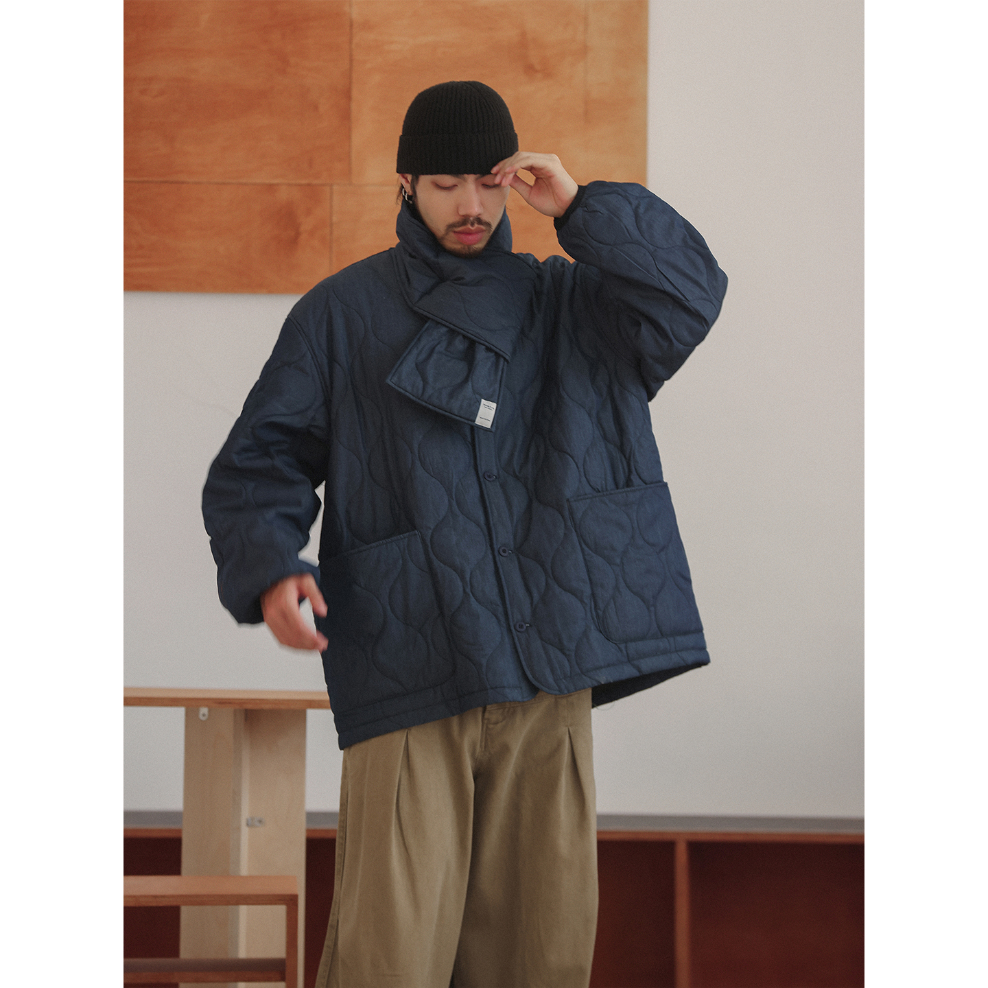 NOEARS日系牛仔蓝色无领宽松落肩袖棉衣秋冬少年感大口袋复古外套