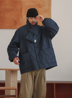 NOEARS日系牛仔蓝色无领宽松落肩袖棉衣秋冬少年感大口袋复古外套