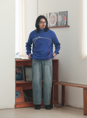 NOEARS日系蓝色半高领插肩袖套头上衣秋冬cityboy复古叠穿打底衫